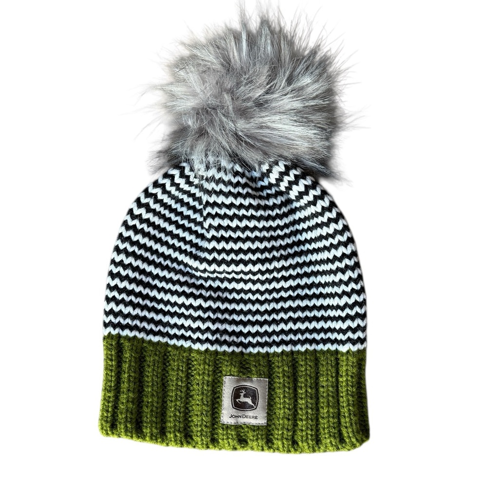 John Deere Licensed  Green Black W hite Stripe Faux Fur Pom-Pom Beanie JD Logo